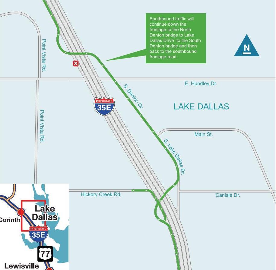 ACCESS TO HICKORY CREEK ROAD Access to Hickory Creek Road during southbound frontage road detour: Take North Denton bridge to Lake Dallas Drive to the South Denton/Oak Drive bridge to the southbound