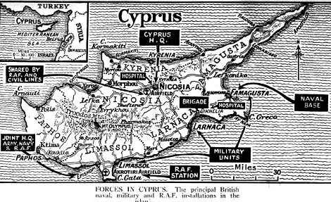 1878 1923 1931 1950 s 1959 Newspaper map of Cyprus in 1956, indicating the British forces.