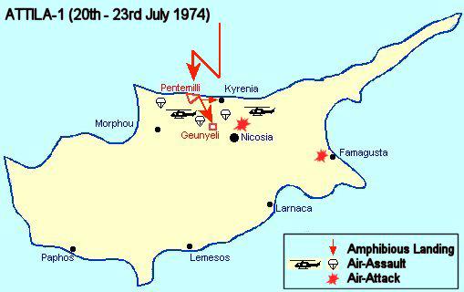 1964 1967 1968 1974 Turkish military forces 20 July 1974 1963 Illustration of the plans of Turkish military mission Attila 1 for their first invasion in Cyprus.