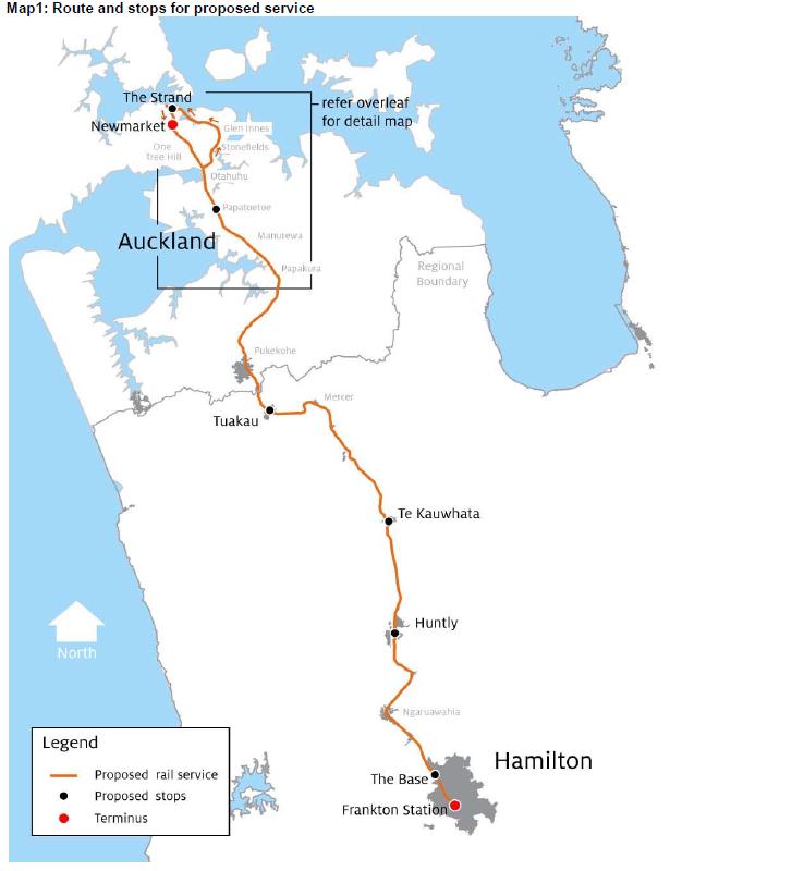 The proposal is for the service to run between Frankton station in Hamilton and Newmarket in Auckland (via the Strand station) at peak times.