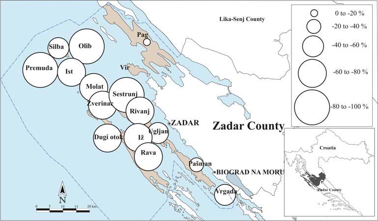 Fig. 4 Intensity of population decrease on Zadar islands from 1948 to 2001 Sl. 4. Intenzitet smanjenja broja stanovnika na zadarskim otocima 1948.-2001.