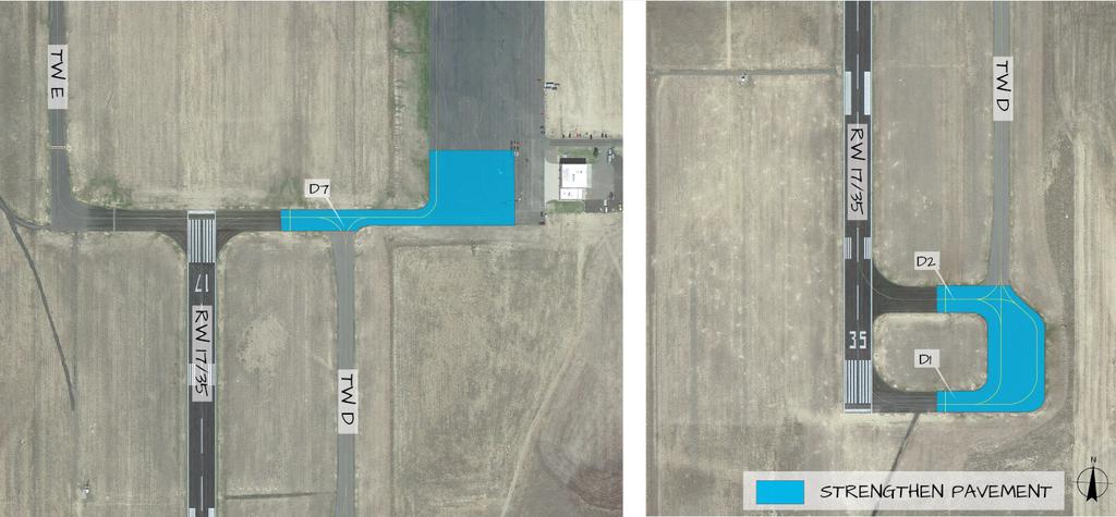 FIGURE 5-8 - FTG TAXIWAYS THAT SHOULD BE STRENGTHENED In this scenario, larger general aviation aircraft are assumed to be operating on the East Apron (and not the Terminal Apron), requiring Taxiway