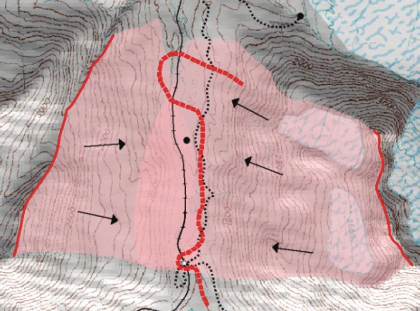7. DISCUSSION Figure 17. Actual run-out distance of slides released from the eastern ridge above Grandview hut site. Figure 18. Actual historical run-out of slopes above Spencer hut sites.