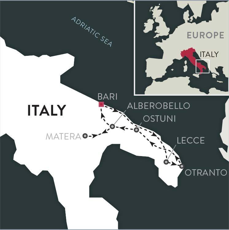 TOUR OVERVIEW THE BASICS Duration: 8 day trip Tour start: Bari, Italy Tour end: Bari, Italy Accommodations: 7 nights in 4-star boutique hotels Trip rating: 1 2 3 4 5 Easy.