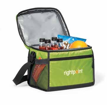 closure / Adjustable shoulder strap / Top grab handle / 14 can capacity / PVC free / Phthalate free Decoration: Print front pocket center 6W 2.5H / Embroider front pocket center 3.5" dia.