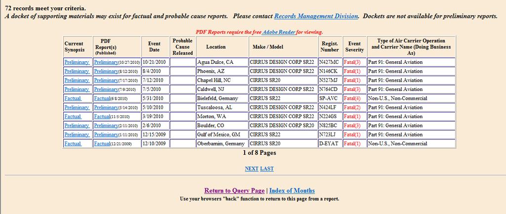 NTSB Query of Fatal Accidents in