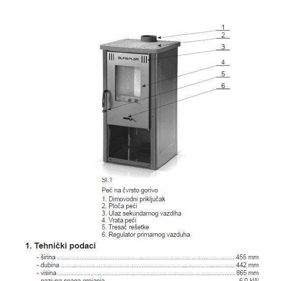 Fig. 1 Solid fuel stove 1. Flue connection 2. Stove panel 3. Secondary air intake 4. Stove door 5. Grate shaker 6. Primary air regulator 1. Technical data - width......455 mm - depth......422 mm - height.