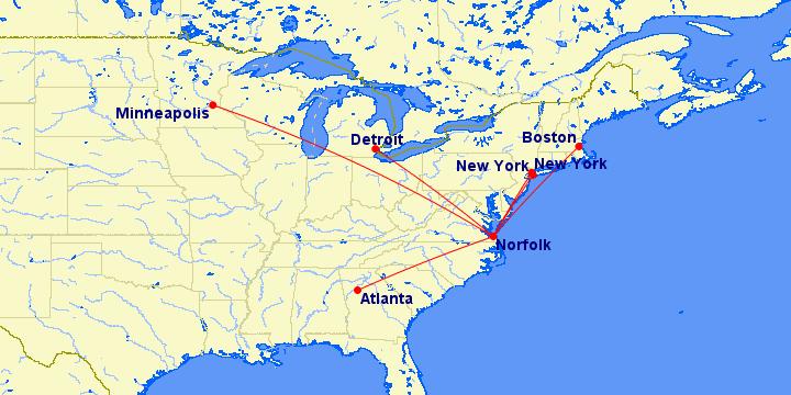Delta Air Lines at ORF Trend: Delta provides nonstop service to popular northeast US destinations (New York and Boston), and accesses midwest,