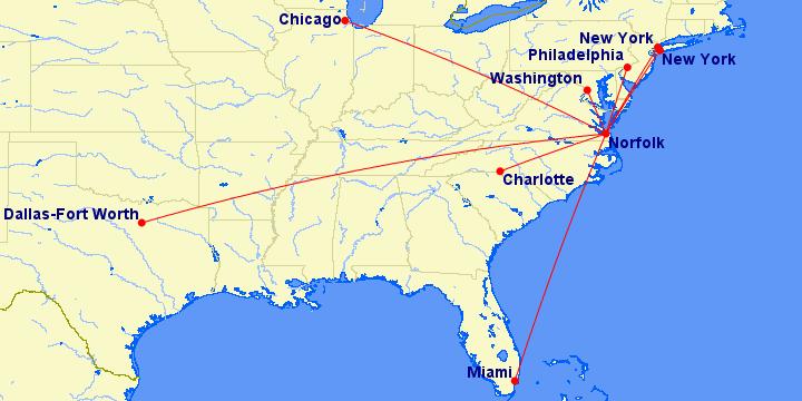 American Airlines at ORF Trend: American provides nonstop service to popular northeast US destinations (Washington, New York and Philadelphia), and access to