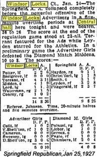 In the Jan 25, 1927 article, the Windsor Locks Advertisers have beaten the Springfield team.