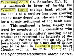 The March 12, 1912 article is about the problem of a large amount of money being missing from the bank. There were disagreements as to how to solve the problem.