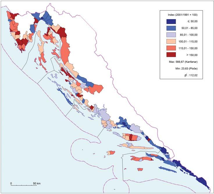 Hrvatski geografski glasnik 71/1 (2009.) change of the number of dwellings for vacation and recreation 10 in towns/municipalities of the Croatian littoral ranged from 566.67 (Kanfanar) and 23.