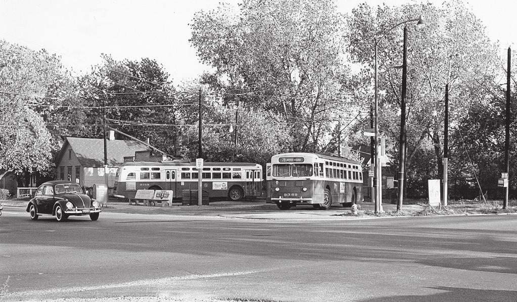T trolley buses 9399 and 9369, built by St. Louis ar ompany, wait at the Montrose/Narragansett loop before starting their eastbound runs on the #78 Montrose route in this 959 view.