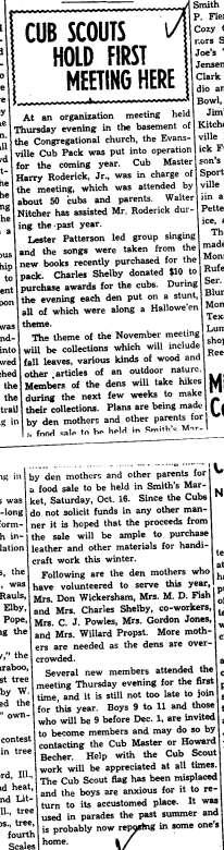 October 14, 1948, Evansville REview Cub Scouts Parents Meet This Evening An executive from the Indian Trails council in Janesville, will be the guest speaker at a monthly Cub Scout Meeting to be held