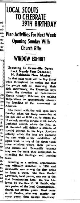 Review, p. 1, col. 6, Evansville, Wisconsin February 3, 1949, Evansville Scout Meeting night changed to Monday.