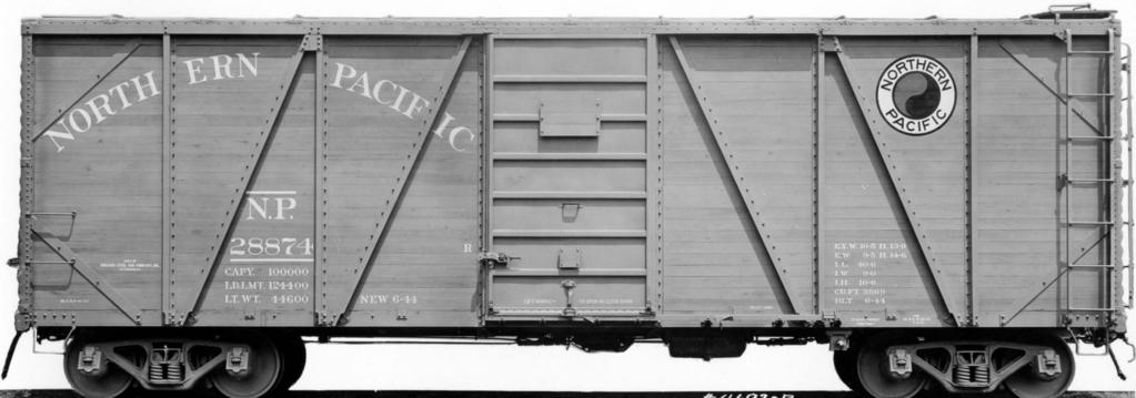 NP 28700-28999 War Emergency Boxcar, 40 6 BLT by Pressed Steel Car Company 1944 MTM Image Arched NORTHERN PACIFIC, letter spacing to fit between