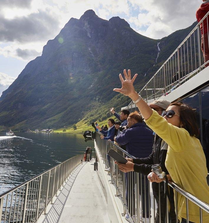 Board the ferry for a cruise on the Nærøyfjord and Aurlandfjord to Flåm. Arrive in the quaint fjord community of Flåm for departure on board the famous Flåm Railway to Myrdal.