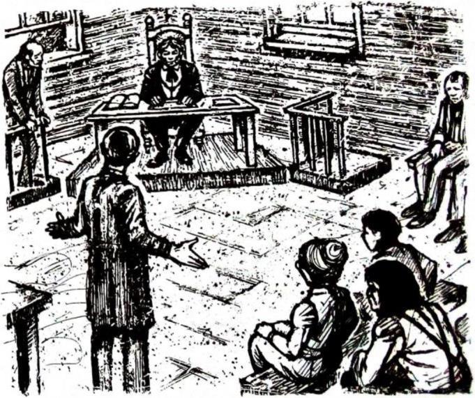 7. The trial A few days later. Muff Potter's trial began. Judge Thatcher, Becky's father, was the judge at the trial. Tom and Huck waited outside the town's courtroom all day.