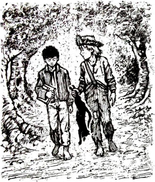 But something was worrying Tom. 'Why have you got a dead cat, Huck?' he asked. 'A dead cat can cure warts,' Huck replied. Tom looked at Huck's hands and he looked at his own hands.