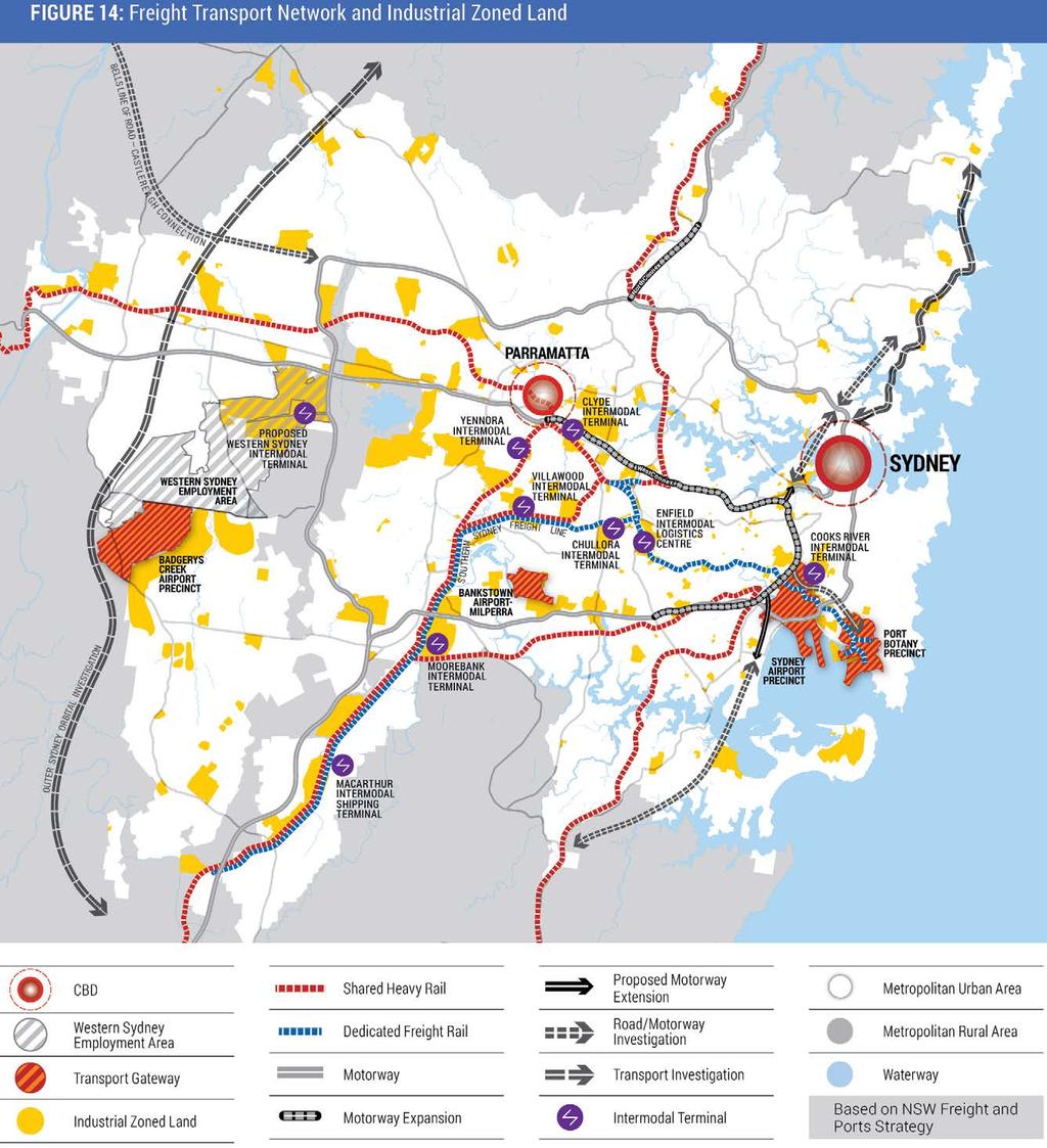 GOAL ONE: SYDNEY S COMPETITIVE ECONOMY 43 FIGURE 14: Freight Transport Network and Industrial Zoned Land road network.