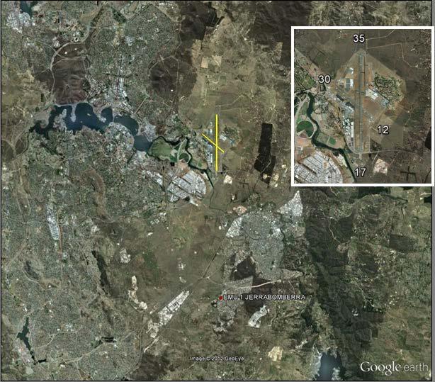 Figure 1 Location of Canberra Airport. Runway orientation for airport is shown in the insert. The noise monitoring site is shown as a red dot.