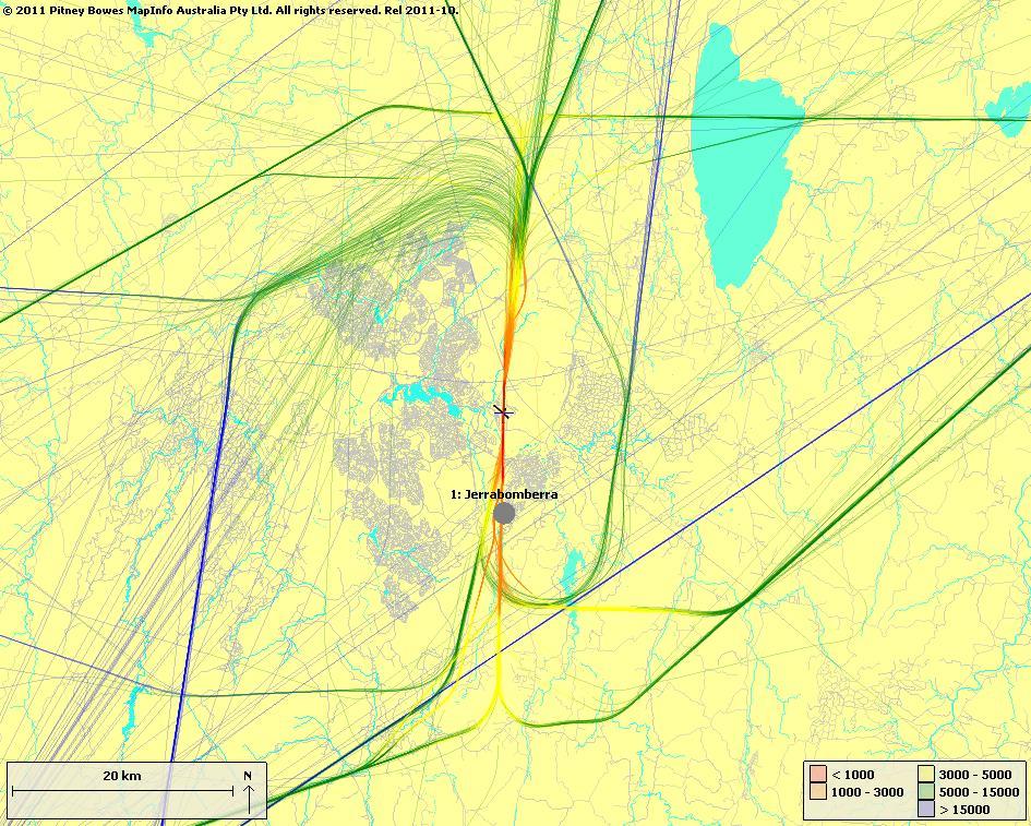 3 Aircraft Movements and Altitude 3.1 Jet Arrivals / Departures by Altitude Figure 4 below shows jet aircraft track plots for arrivals and departures at Canberra Airport coloured by altitude.
