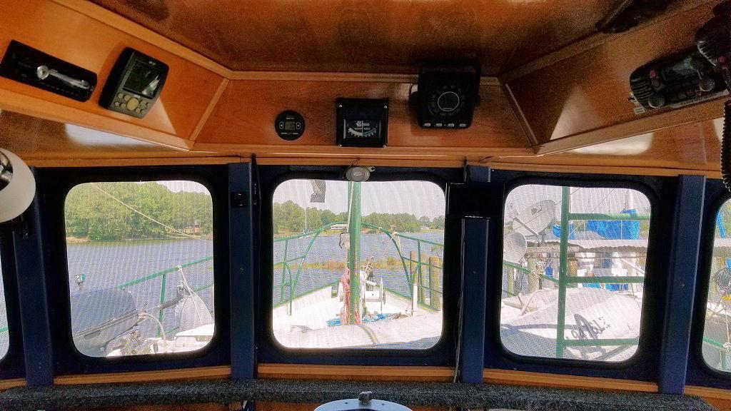View Forward from helm seat. Note tray ceiling with instruments mounted for easy viewing and access from helm seat.