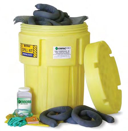 20-Gallon Absorbs up to 11 gallons. Kit includes: 1-65 Gal. Salvage Drum, 1-1-Gal Jug ENSORB, 50 Pads, 8 Lg. Socks, 12 Med.