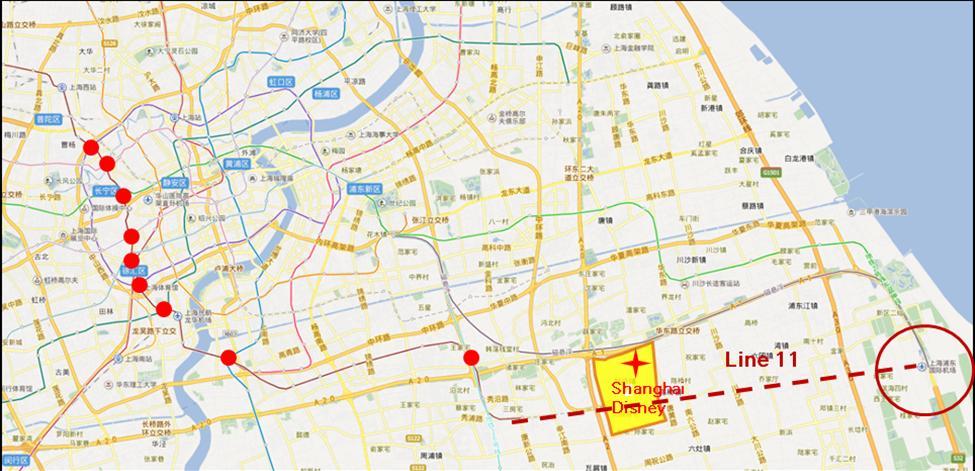 Located around Metro Line 2 The extension of the metro s Line 11 to Shanghai Disney Resort has been confirmed, and this line could potentially be extended to Shanghai Pudong International airport.