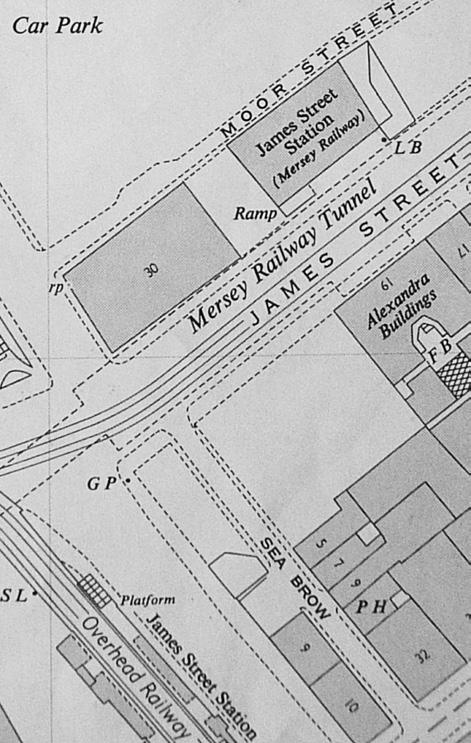 25 Fig 19 (left). From the 1848 O.S. showing the junction of James St and Sea Brow where Pacific Buildings (fig 18) would later be built to the west of the Coalbrookdale offices. The Harbour Sp. Va.