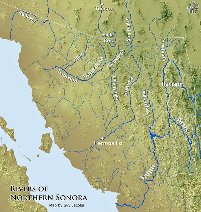 to-southeastern-arizona Santa Cruz River, originates in Arizona, northeast of Nogales, flows south into Sonora and then turns north to flow back into Arizona.