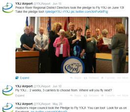 .ca/fl 34% of all pledges were likely Facebook generated. Twitter Page & Facebook Facebook and Twitter pages were branded with Take Pledge to Fly YXJ logo.