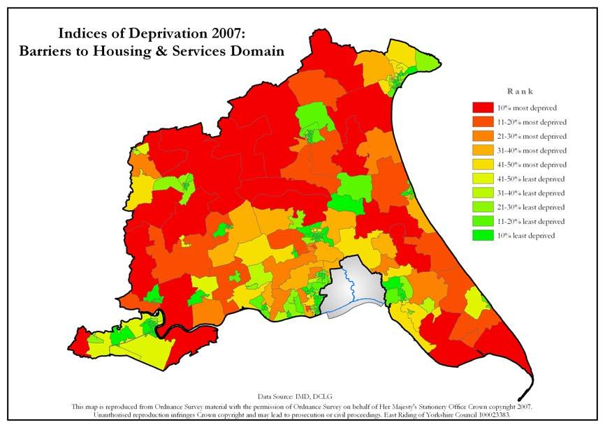 5.2.4 There is also a less concentrated but significant zone of deprivation along the whole of the coast and in the more remote rural areas in the northern parts of the East Riding.