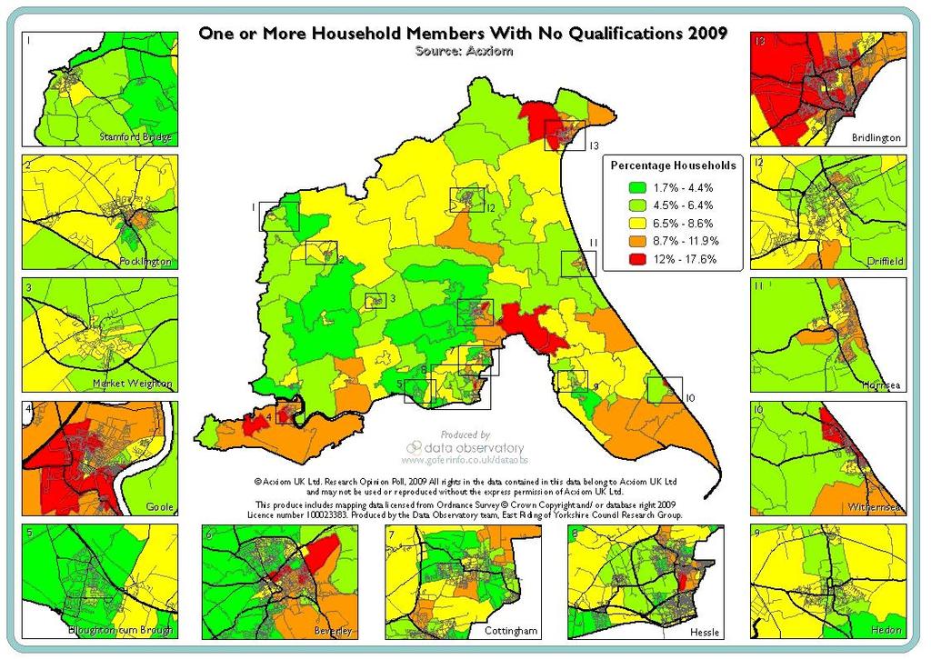 Figure 87: Number of households in the East Riding in which at least one adult household member has no qualifications (2009) 4.3.