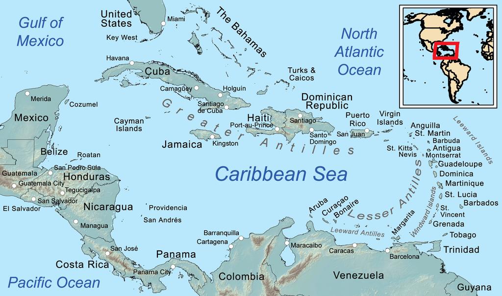 Bodies of Water that Surround the Caribbean Look at the map below and identify the bodies of water that surround the Caribbean region.