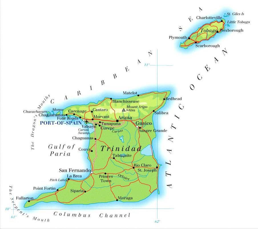 bordered by the Atlantic Ocean. The south coast of Trinidad is bordered by the Columbus Channel.