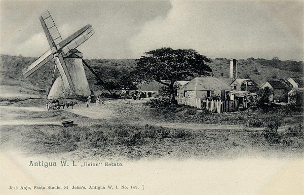 The postcard shows a sugar cane mill in Antigua In the mill, the cane was crushed using a three-roller mill.