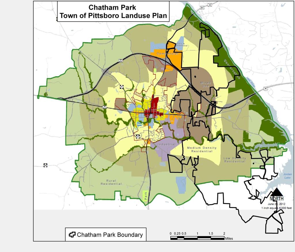 Chatham Park should conform to the Pittsboro Land Use Plan Pittsboro's Land Use Plan includes a 2000 foot wide buffer (in dark green ) along the Haw River