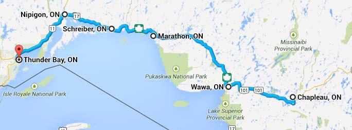 Road log for railway features east of Thunder Bay Routes: Notes: Highway 101 from Chapleau to Wawa via Hawk Junction and Highway 17 (Trans Canada Highway "TCH") from Wawa to Thunder Bay On the TCH