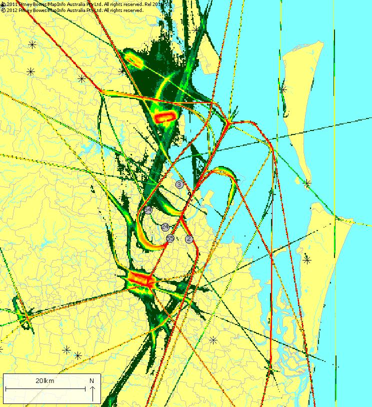CABOOLTURE REDCLIFFE ARCHERFIELD RAAF AMBERLEY Figure 5: Track density plot for the Brisbane region, Quarter 2 of 2013 The key points shown are: There are distinct flight patterns that are regularly