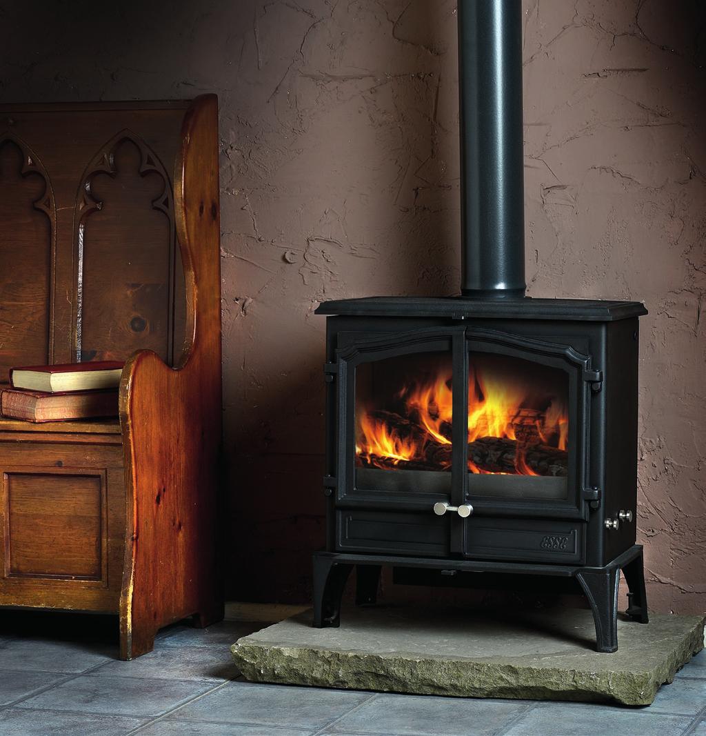 heat output would overwhelm the living space. Levelling feet mean this stove can sit perfectly on an uneven hearth. It is available with top or rear flue installation with an ESSE rear flue box kit.