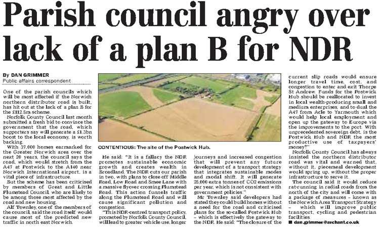 Changing package, but No Plan B No Plan B was deliberate policy, as conceded by then Norfolk Transport Cabinet member Adrian Gunson in 2009 Minutes of Planning, Transportation the Environment and