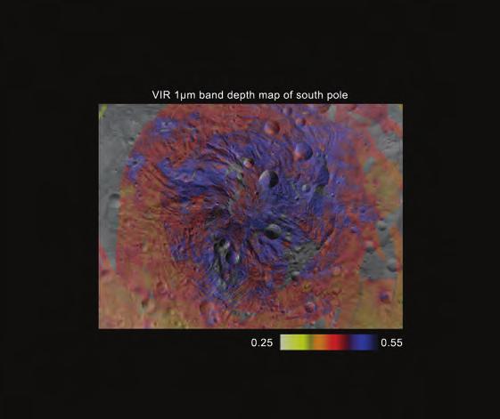 Foto: University of Tennessee. Slika prikazuje Vestino površje. RazliËne barve predstavljajo koncentracijo piroksena. VijoliËna barva pomeni visok delež piroksena v kamnini.