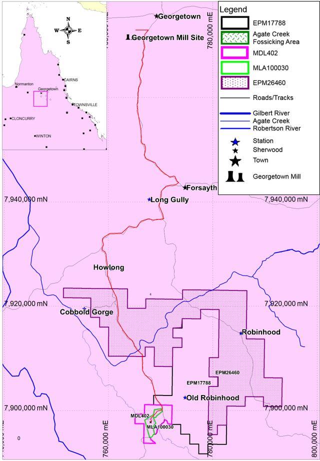 Agate Creek Gold Project (100% owned by LNY) The Agate Creek Gold Project is located approximately 40km south of Forsayth and 60km west of Kidston in North Queensland.