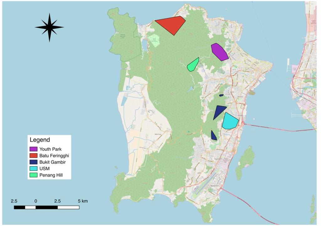 Figure 1: Map of Penang Island with the polygons of the survey areas.