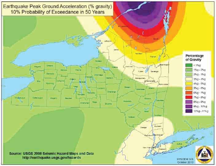 Figure 5.4.5-2. Peak Acceleration (%g) with 10% Probability of Exceedance in 50 Years (2008) Source: Draft NYS HMP, 2011 Note: The black circle indicates the approximate location of Broome County.