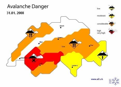 overview of the current avalanche danger in Switzerland through easily grasped symbols, similar to weather maps using symbols in weather forecasts on television and in the newspapers.