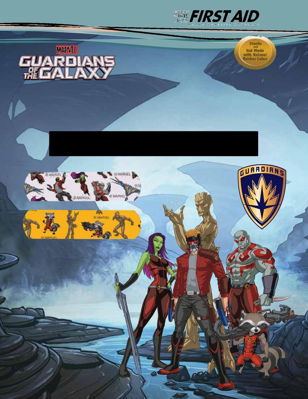 910.779.2334 Guardians of the Galaxy Guardians of the Galaxy Bandages feature Star-Lord, Gamora, Drax, Rocket, Groot and the Milano, on Stat Strip bandages.