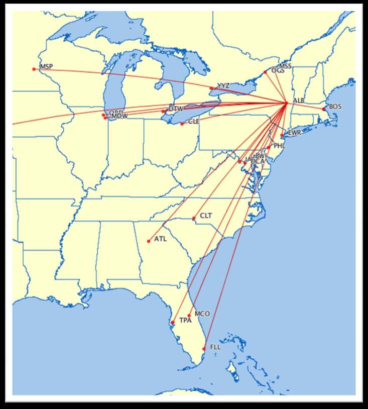 Albany features flights to 20 non-stop destinations Albany destinations served December 2012 Rank Destination Weekly Departures 1 Philadelphia, PA 43 2 Newark, NJ 32 3 Baltimore, MD 32 4 Detroit, MI