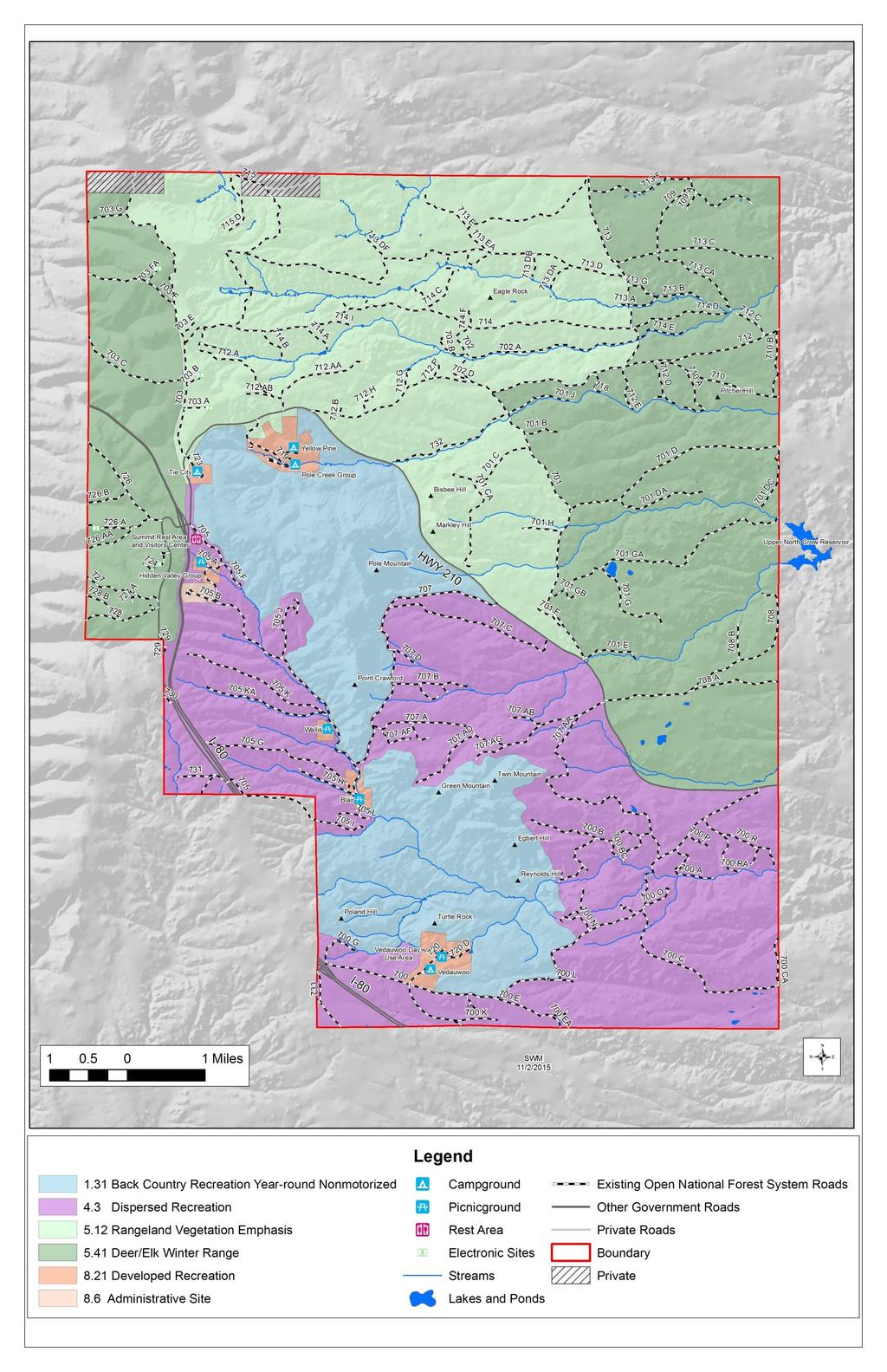 Map 2. Pole Mountain Forest Plan Management Areas and existing roads open to public use.